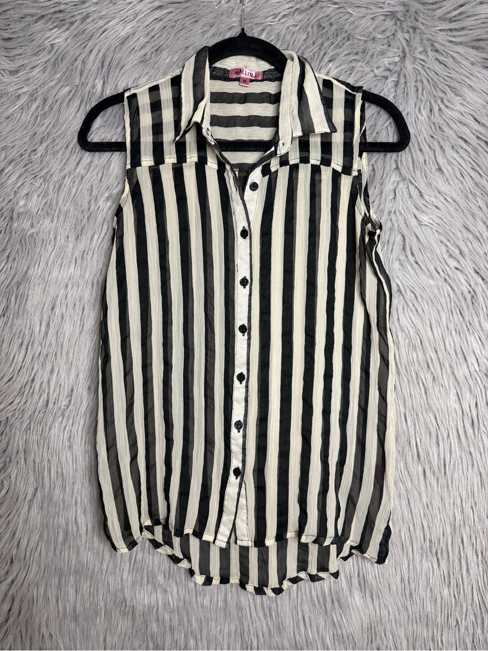 Sleeveless Vertical Stripe Button-Down Shirt - Black & Cream